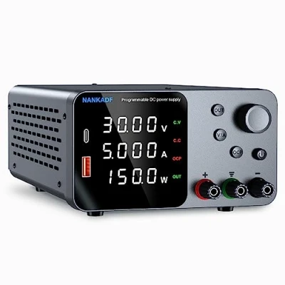 Bild av DC strömförsörjning justerbar 30 V 5 A, labbbänk med kodarknopp och USB A/Type c snabbladdningsgränssnitt, 4 siffrig LED display hög precision, variabel omkoppling reglerad