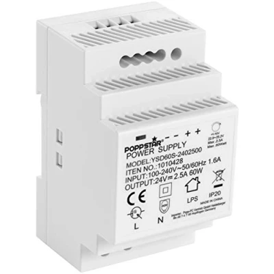 Bild av Poppstar transformator för DIN skena, skenemontage (Input 100 240 V AC 50/60 Hz, Output 24 DC 2,5 A 60 W) 52,5 * 90 58mm, vit