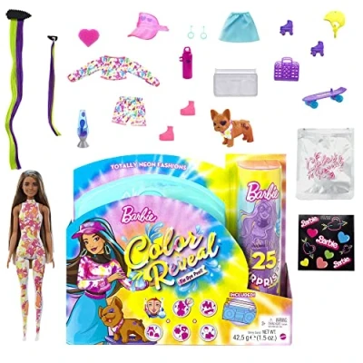 Bild av Barbie Color Reveal docka helt klädd i neon med brunt hår och blå slingor plus 25 överraskningar, inklusive färgförändring, present till barn, HCD28