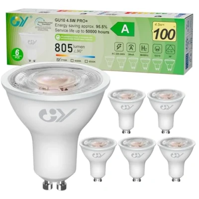 Bild av GY GU10 LED spotlights A klass, 805LM varmvit 2700K, 4,5W motsvarande 100W 36 (smal stråle), energieffektivitet, dimbar, 6 st