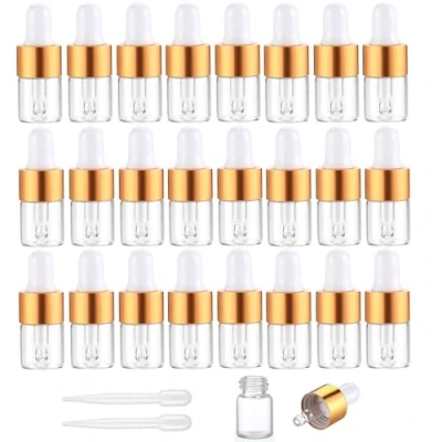 Bild av Apstaqeoo 24 st tomma mini glasflaskor 2 ml genomskinliga droppflaskor med dropppipetter och lock av aluminiumlegering, guld, påfyllningsbara för eteriska oljor, parfym,