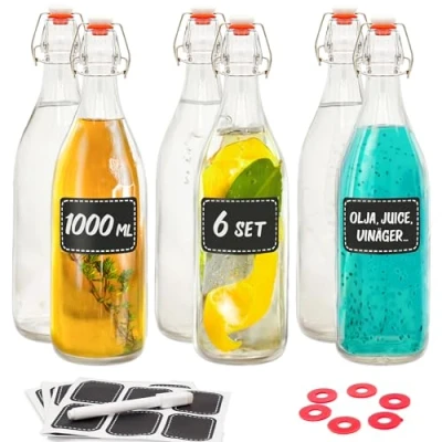 Bild av 6 Glasflaskor med svängbar propp 1000 ml extra förseglingar 12 etiketter stift