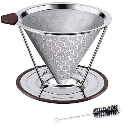 Bild av HOUSON permanent kaffefilter återanvändbart handfilter rostfritt stål metall kaffe nät med Cup Cleaner pensel och separerade stativ för 4 koppar