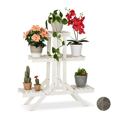 Bild av Relaxdays träblomkruka, 3 nivåställ, växtstativ, vit, trä, höjd: 83 x 25 cm