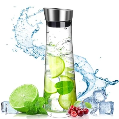 Bild av POWZOO Glaskaraff, vattenkaraff glas (1,5 liter), glaskaraff med lock av rostfritt stål och hällare, juice dryckeskaraff, karaff för hemlagad, dryck/iste/mjölk/kaffe/vin