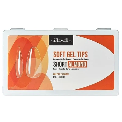 Bild av IBD Soft Gel Tips Short Almond 504 stycken, 12 storlekar, transparenta nagelspetsar, mjuka gelspetsar för nagelförlängning, kort mandelform tillverkad i USA