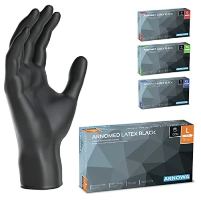 Bild av ARNOMED latex engångshandskar L, svarta, puderfria, 100 st/ask, engångshandskar, latexhandskar finns i storlekarna XS, S, M, L &amp; XL.