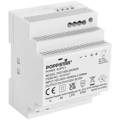 Bild av Poppstar 24 V nätaggregat för DIN skena, skenemontage (Input 100 240 AC 50/60 Hz, Output DC 3,83 A 92 W) ringtransformator