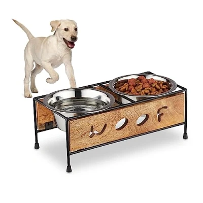 Bild av Relaxdays Hundfoderstation, upphöjd hundbar, 2 matskålar av rostfritt stål, 750 ml, mangoträ och järn, brun/svart