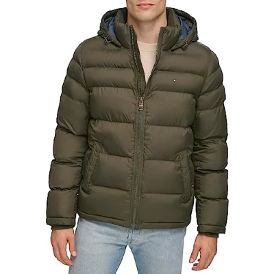 Bild av Tommy Hilfiger herr klassisk pufferjacka med huva (standard och stor lång) dun alternativ ytterkläder rock, Oliv, XL