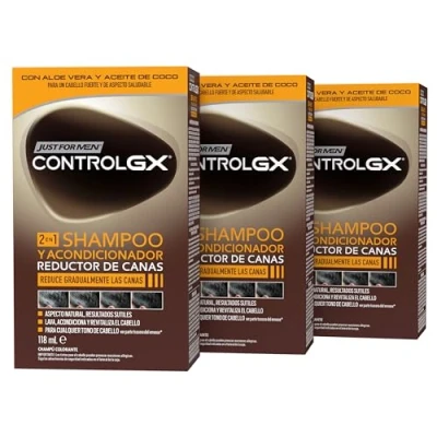Bild av Just For Men GX kontroll schampo och balsam för grått hår, gradvis permanent minskar hår vid varje tvätt, alla nyanser, 118 ml (3 pack)