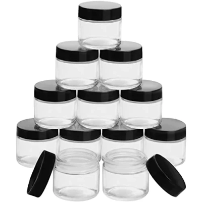 Bild av Belle Vous Runda Klara Glasburkar med Svart Skruvkork i Plast (12 Pack) 60 ml Tomma Kosmetiska Behållare Burk för Resa, Kräm, Lotion, Prydnader, Smink och Oljor