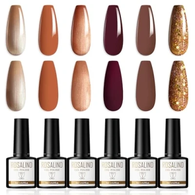 Bild av ROSALIND 6 Färger Gel Nagellack Gul Brunt Glitter Nail Polish UV LED Gelack Kit för Nageldesign, Nagelkonst DIY, 8ml