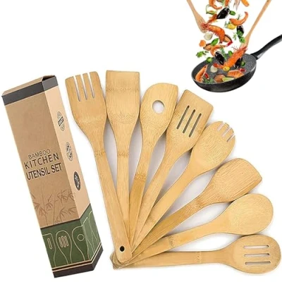 Bild av WDEC 8 delars köksredskapsset, tillverkad av bambu, perfekt för kök, lätt att rengöra, massiv, trä robust stekspade stekpanna, köksredskap, skedsvarvare non stick belagda stekpannor