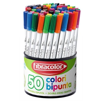 Bild av Bipunta Fibracolor markörer, burk 50 markörer i olika färger, konisk spets och fin spets, dubbla skrivsträckor, supertvättbara