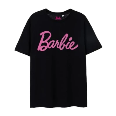 Bild av Barbie kvinnors rosa klassiska logotyp kortärmad T shirt i svart Ikoniskt märke Trendig designtopp för damer Bekväm passform snygg retro tee Movie Merchandise Gift Liten