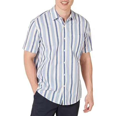 Bild av Amazon Essentials Men&#039;s Kortärmad poplinskjorta med normal passform, Blå Vit Rand, XS