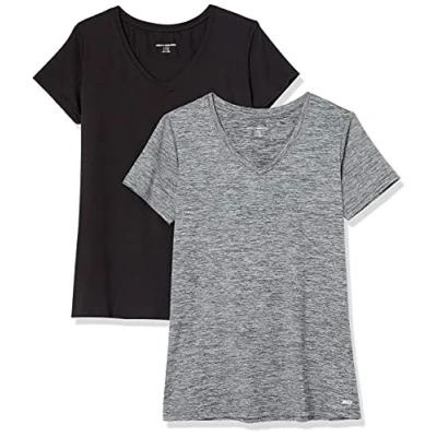 Bild av Amazon Essentials Dames Tech stretchig kortärmad V ringad T shirt (finns i plusstorlek), 2 Pack, Mörkgrå Rymdfärg/Svart, M