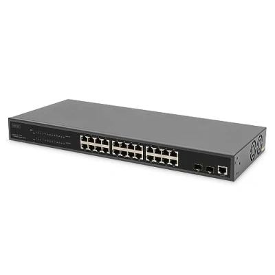Bild av DIGITUS 27 Port Managed Gigabit PoE Network Switch 24 RJ45 portar 2 SFP 1 konsolport 450W budget L2 funktioner 19 tum 10/100/1000 Mbps Svart