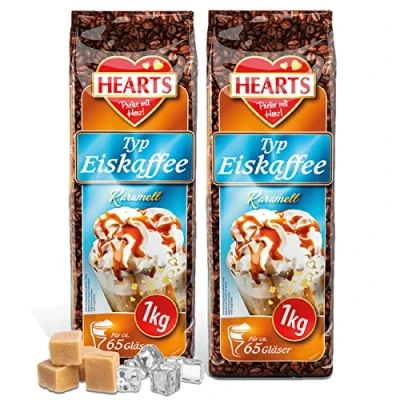 Bild av HEARTS iskaffe karamell 2 x 1 kg instantpulver för med karamellsmak, provpaket, sommardryck i påse, varma dagar, uppfriskande dryck snabb beredning