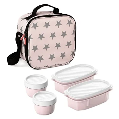 Bild av Tatay Urban Food Casual isolerad lunchväska, 3 L kapacitet, 4 matförvaringsbehållare i plast (2 x 0,5 L, 2 0,2 L) BPA fri, rosa med stjärnor. Mått 22,5 10 22 cm