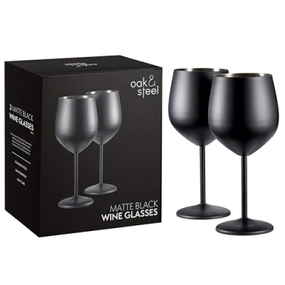 Bild av Ek och stål 2 eleganta svarta vinglas i rostfritt stål, 540 ml presentpaket med okrossbart glas, för inomhus eller utomhusbruk, födelsedagar, trädgårdsfester, camping grillning