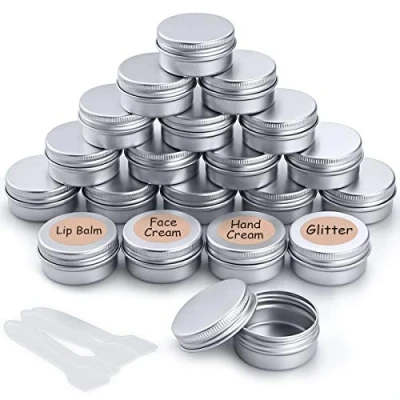 Bild av 20 st tomma kosmetikbehållare, krukor, aluminiumburkar, burkar med skruvlock, etiketter och minispatel för kräm, prov, pulver, sminkförvaring (20 ml), SILVER, 20ml