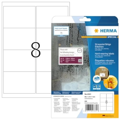 Bild av HERMA 8331 väderbeständiga folie fraktetiketter A4 (99,1 x 67,7 mm, 25 ark, polyesterfolie, matt) självhäftande, utskrivbara, extremt stark häftande adressetiketter, 200 klistermärken, vit