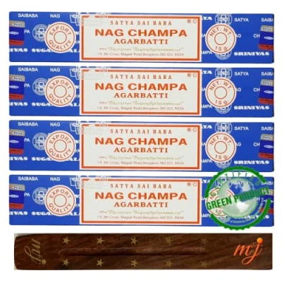 Bild av Original Satya Nag Champa Agarbatti rökelsepinnar med M&amp;J rökelsehållare x4 pack för aromaterapi, spa, yoga, bröllop, meditation, helande, positivitet och avkoppling