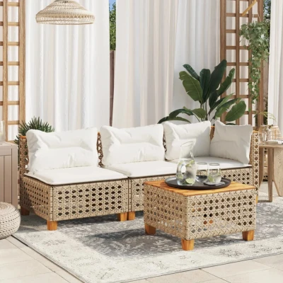 Bild av vidaXL Trädgårdssoffa 3 sits med dynor konstrotting beige, utomhussoffa, trädgårdssits, tresits trädgårdssoffa, trädgårdssittplatser