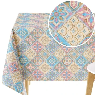 Bild av KP HOME PVC avtorkningsbar bordsduk rektangulär 300 x 140 cm/118 55 tum torkbar upp till 10 säten vattentät vinyl vaxduk ljus och färgglad portugisisk azulejo libon kakelmönster