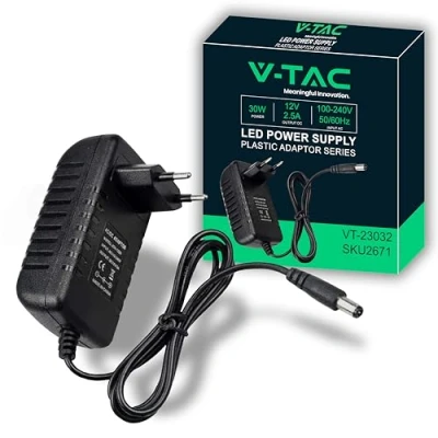 Bild av V TAC 12 V, 30 W, 2,5 A strömadapter för kameror, LED remsor, modem transformator laddare 2 stifts EU kontakt elektronisk utrustning AC 100 240 50/60Hz USB svart