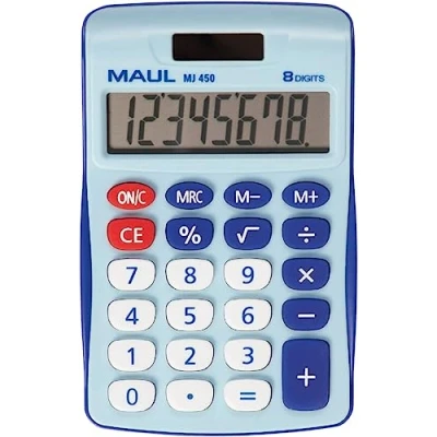 Bild av Maul M450 Miniräknare, Stor Display, 8 Lägen, Standardfunktioner För Kontor, Hem, Skola, Färgstarka Funktionstangenter, Sol/Batteri, Blå