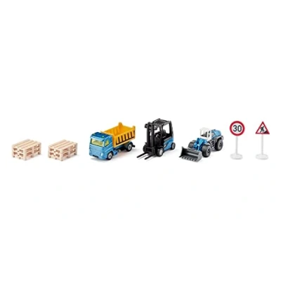 Bild av siku 6336, Presentset: Byggställe, Med lastbil, Gaffeltruck, Hjullastare, 6 pallar, 2 trafikskyltar, Metall/plast, Gul/blå, Rörliga delar