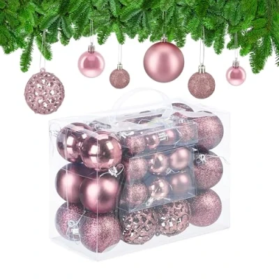Bild av Relaxdays julgranskula set med 50, glittrande, matt och glänsande prydnader, plast julgransbollar, Ø: 3, 4 6 cm, rosa