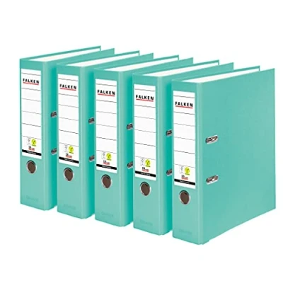 Bild av Original Falken 5 Pack PP Color Plastmappar. Made in Germany. 8 cm bred DIN A4 pastellfärgad turkos vegansk. Perfekt för kontoret och hemmet. brevmapp kontorsmapp plastmapp slitsad mapp ringpärm