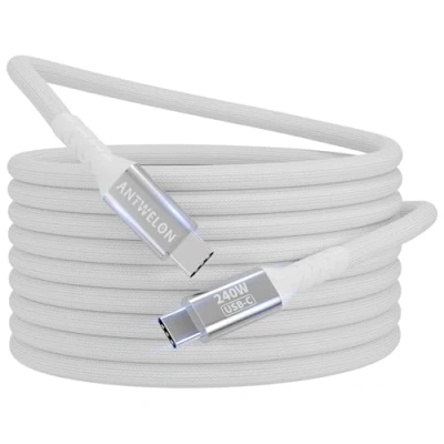 Bild av ANTWELON USB C till Kabel, 240W PD3.1 Snabbladdningskabel, 2m nylonflätad mobilladdare kompatibel med iPhone 15 Pro Max Samsung S22 S21 Note iPad MacBook Huawei Xiaomi (vit)