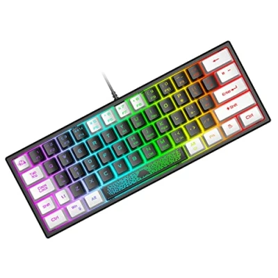 Bild av ZIYOU LANG K61 Mini 60% Speltangentbord, Optisk RGB Chroma Bakgrundsbelyst Membran Semi Mekaniskt Gaming Light Up Keyboard, Kompakt 62 Tangenter, UK Layout, USB Wired, för PC Laptop Mac Vit/Svart