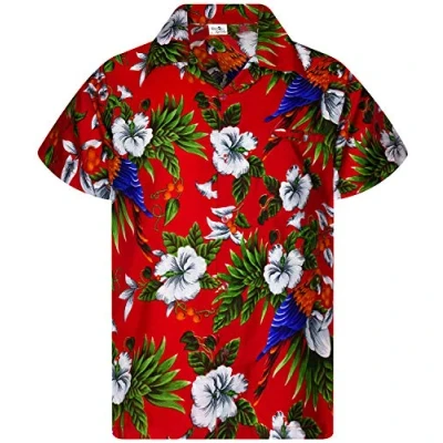 Bild av King Kameha Jk Funky Hawaii skjorta män kortärmad framficka elegant papegoja körsbärsblommor unisex, cherry parrot design röd, L