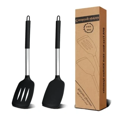 Bild av stekspade silikon, 2 stycken köksredskap i värmebeständigt plast BPA fri, silikonspatel kökskostym, svart kökshjälpmedel, non stick spatel för matlagning