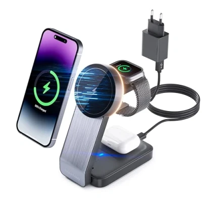 Bild av tigratigro Wireless Charger, Foldable 3 in 1 Mag Safe Charging Station Compatible with i Phone 16/15/14/13/12 series, Caricatore per Watch SE 10/9/ 8/7/6/5/4/3/2, black