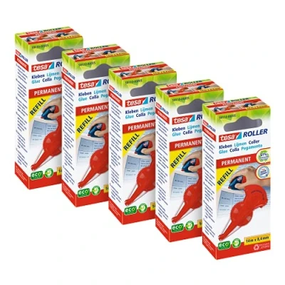 Bild av tesa ecoLogo Limroller applikator för kladdfri 3 pack, permanent och miljövänlig limning, rulle med tejp i refillinsats påfyllningsbar hållare, 14 m x 8,4 mm