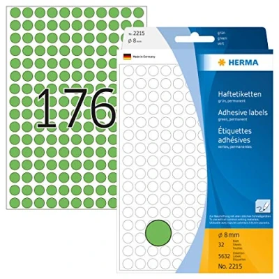 Bild av HERMA 2215 multifunktionsetiketter/runda färgade prickar (Ø 8 mm, 32 ark, papper, matt) självhäftande, permanenta märkningspunkter för handskriven märkning, 5 632 klistermärken, grön