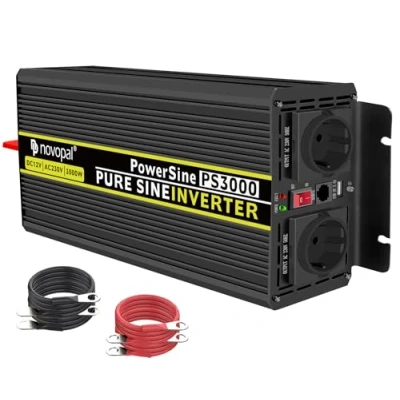 Bild av NOVOPAL 3 000 W Ren sinus spänningsomvandlare bilväxelriktare 12 V till 230 omvandlare inverterare med 2 EU uttag och USB port inkl. 5 meter fjärrkontroll toppeffekt 6 watt