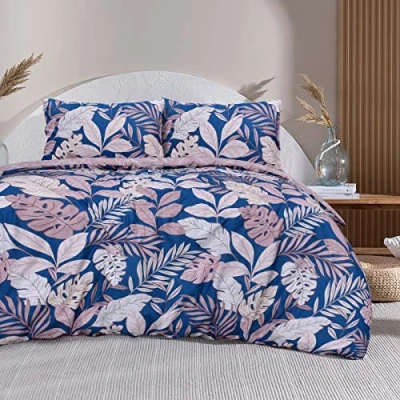 Bild av Sleepdown Tropiskt palmträd blommig rodnad rosa marinblå vändbar mjuk lättskött påslakan täcke sängkläder set med örngott super kung (260 cm x 220 cm)