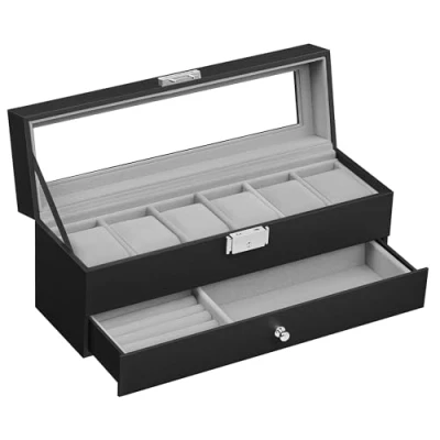 Bild av SONGMICS Klockbox med glaslock 2 vånings Låsbar 1 låda för ringar, armband Svart konstläder Grå foder JWB060G01