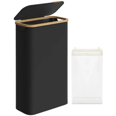 Bild av SONGMICS Tvättkorg 65L med lock Vikbar Avtagbar Tvättväska Oxford Tyg Bambu Handtag Hopfällbar 42 x 22,5 70,5 cm Bläck Svart LCB506B01