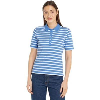 Bild av Tommy Hilfiger dam 1985 Reg Pique Stripe Polo Ss S/S pikétröjor, blå, XS, Breton Ecru/Blue Spell, XS