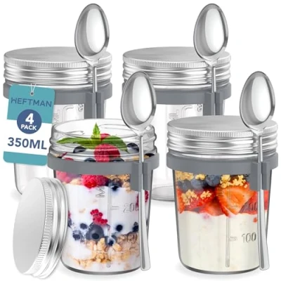 Bild av HEFTMAN Mason burkar för havre över natten 4 pack 350 ml burk med skedar och lufttäta lock i rostfritt stål livsmedelssäkra frukostkrukor glas yoghurt, chiapudding 340 g,