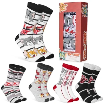 Bild av Tom and Jerry herrstrumpor paket med 5 crew strumpor för män tonåringar andningsbara arbete sport vardaglig storlek 6 10 gåvor till honom, Grå/flerfärgad, one size